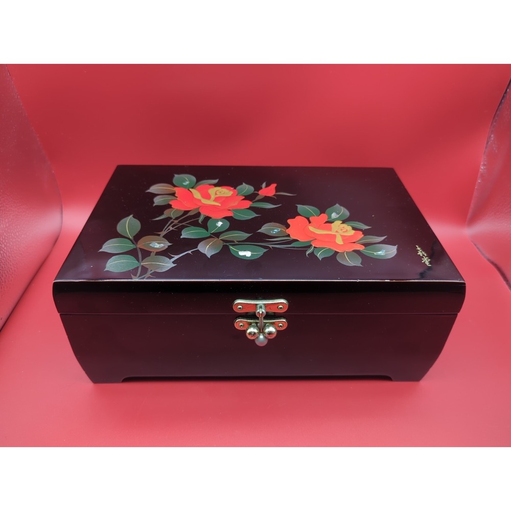 Musical Jewelry Box Oriental Black Lacquered w/Roses